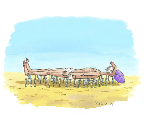 Cartoon: Syringe Relax (medium) by marian kamensky tagged humor,fakir,tradition,kultur,indien,inder,schlafen,bett,spritzen,drogen,doping