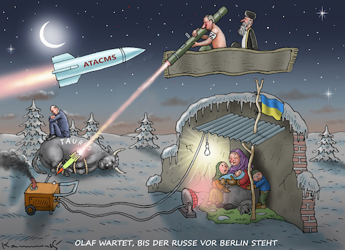 Cartoon: TAURUS-OLAF WARTET (medium) by marian kamensky tagged taurus,olaf,atacms,putin,biden,ukraine,infrastruktur,taurus,olaf,atacms,putin,biden,ukraine,infrastruktur