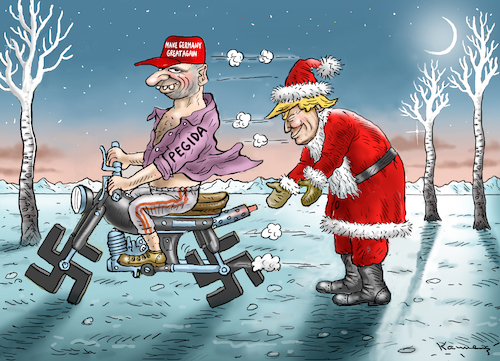 Cartoon: Trump gibt PEDIDA ein Motorrad (medium) by marian kamensky tagged gutmensch,faschismus,populismus,weihnachten,gutmensch,faschismus,populismus,weihnachten