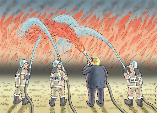 Cartoon: TRUMP HILFT IN MINNEAPOLIS (medium) by marian kamensky tagged coronavirus,epidemie,gesundheit,panik,stillegung,twittertrump,pandemie,coronavirus,epidemie,gesundheit,panik,stillegung,twittertrump,pandemie