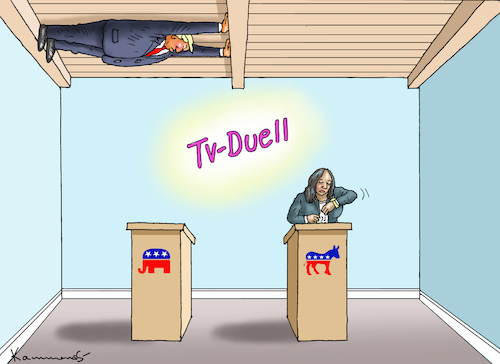 Cartoon: TRUMP WILL NICHT TV-DUELL (medium) by marian kamensky tagged trump,will,nicht,tv,duell,kamala,harris,trump,will,nicht,tv,duell,kamala,harris