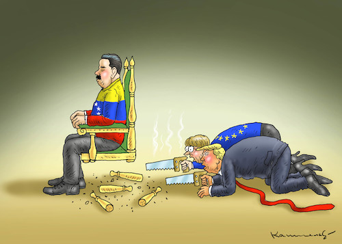 Cartoon: TRUMPMERKEL ATTACKIERT MADURO (medium) by marian kamensky tagged venezuela,maduro,trump,putin,revolution,oil,industry,socialism,venezuela,maduro,trump,putin,revolution,oil,industry,socialism