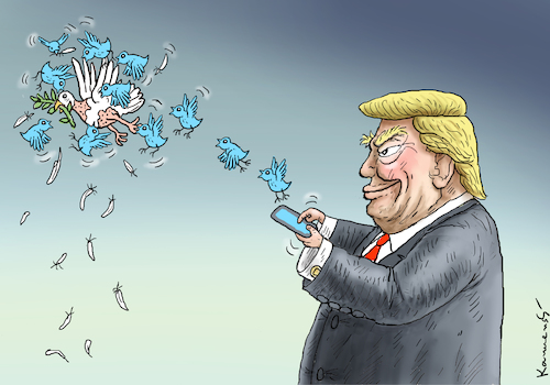 Cartoon: TRUMPS TWITTER ATTACK (medium) by marian kamensky tagged obama,trump,präsidentenwahlen,usa,baba,vanga,republikaner,inauguration,demokraten,fbi,james,comey,wikileaks,faschismus,obama,trump,präsidentenwahlen,usa,baba,vanga,republikaner,inauguration,demokraten,fbi,james,comey,wikileaks,faschismus