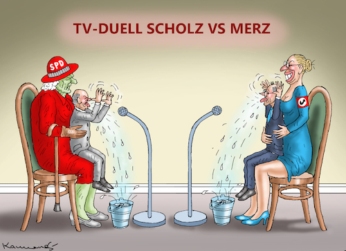 Cartoon: TV-DUELL SCHOLZ VS MERZ (medium) by marian kamensky tagged tv,duell,scholz,vs,merz,afd,wahlen,tv,duell,scholz,vs,merz,afd,wahlen