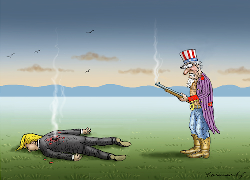 Cartoon: UNCLE SAM IN ACTION (medium) by marian kamensky tagged obama,trump,präsidentenwahlen,usa,baba,vanga,republikaner,demokraten,tv,duell,versus,clinton,faschismus,obama,trump,präsidentenwahlen,usa,baba,vanga,republikaner,demokraten,tv,duell,versus,clinton,faschismus