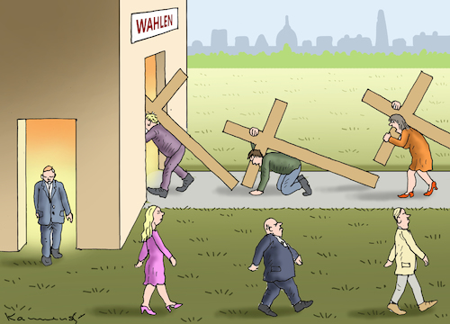 Cartoon: WAHLEN (medium) by marian kamensky tagged tv,triell,laschet,baerbock,scholz,tv,triell,laschet,baerbock,scholz