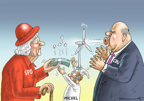 Cartoon: WINDENERGIEBESTECHUNGSGELD (medium) by marian kamensky tagged klimaschutzgipfel,new,york,merkel,akk,greta,thunberg,cdu,spd,groko,trump,windkraft,klimaschutzgipfel,new,york,merkel,akk,greta,thunberg,cdu,spd,groko,trump,windkraft