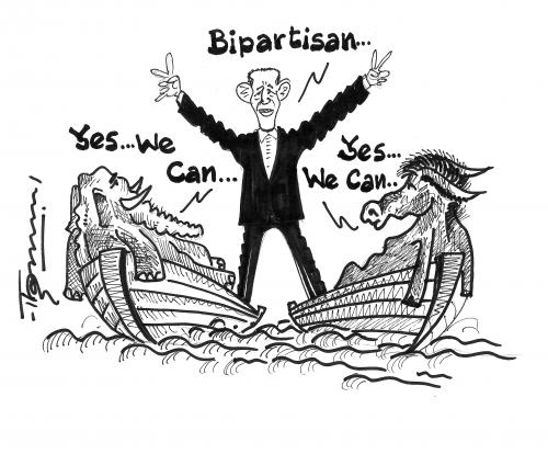 Cartoon: Bipartisan Yes We can (medium) by Thommy tagged obama,stimulus,bipartisan,us,politics