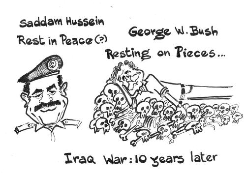 Cartoon: Iraq invation at 10Y (medium) by Thommy tagged iraq,saddam,hussien,george,bush