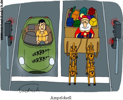 Cartoon: Ampelduell (medium) by Fredrich tagged weihnachten,christmas,noel,weihnachtsmann,santa,claus,pere,cars,traffic,lights,duel