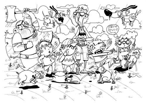 Cartoon: crazy guys (medium) by buddybradley tagged madness,sketchbook,urban,pop,nerds,illustration,black,and,white,dogs
