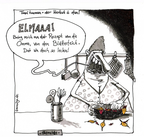 Cartoon: Trari trara der Herbst ist da (medium) by geralddotcom tagged herbst,mann,frau,küche,rezept,blätter,teig,laub,blöd