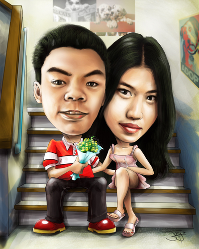 Cartoon: couple caricature 5 (medium) by juwecurfew tagged couple,on,stairway