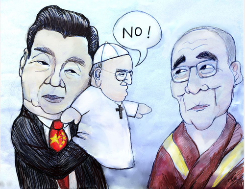 Cartoon: Poppet (medium) by OPE tagged pope,puppet,china,dalai,lama
