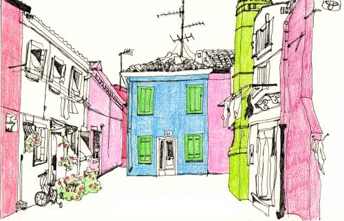 Cartoon: burano (medium) by etsuko tagged house,illustration,architektur,kultur,haus,häuser,wohnen,wohnung,apartment,leben,stadt,dorf