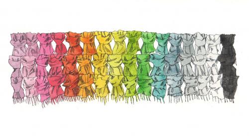 Cartoon: rainbow (medium) by etsuko tagged rainbow,regenbogen,farben,illustration,tuch,textilien,knoten,schal,tücher,farbig,reihe,anordnung,formation,mode