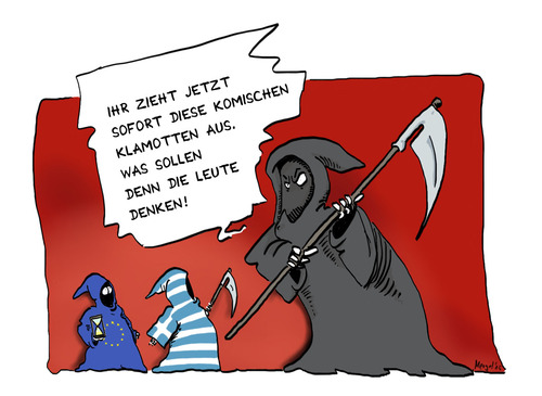 Cartoon: Eurozone (medium) by Mergel tagged euro,griechen,griechenland,eurozone,europa,krise,grexit,tod,gevatter,sensenmann,rettungsschirm,währungsunion