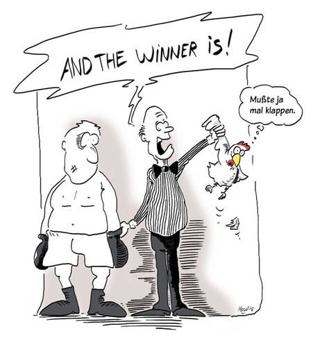 Cartoon: Gewinner (medium) by Mergel tagged gewinner,verlierer,schiedsrichter,kampf,huhn,boxen,boxer,ringrichter,hoffnung,underdog,siegessicher