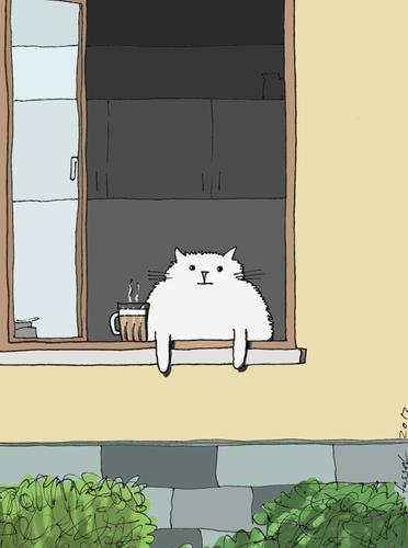 Cartoon: Cappuccino Cat (medium) by fussel tagged cat,cappucciono,sommer,window,katze,cappucciono,sommer,tiere