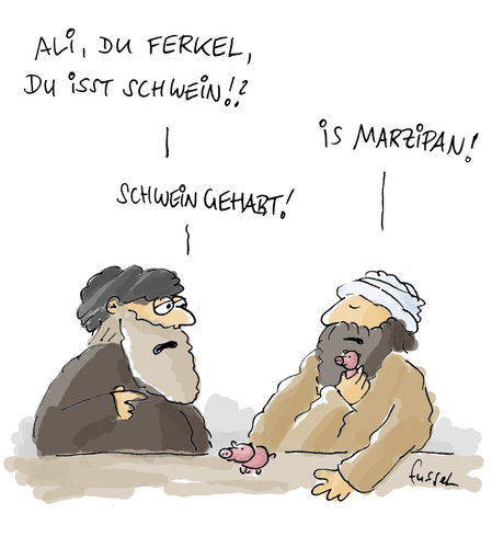 Cartoon: Mit Marzipan (medium) by fussel tagged schweinefleisch,schwein,marzipan,taliban,is,terroristen,moral,bevormundung,fussel,vorschriften,verbote,autorität,autoritär,schweinefleisch,schwein,marzipan,taliban,is,terroristen,moral,bevormundung,fussel,vorschriften,verbote,autorität,autoritär