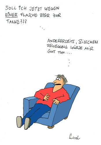 Cartoon: Sportliche Gedanken (medium) by fussel tagged bier,tanke,bewegung,sport,denken,tankstelle,spaetkauf,späti,alkohol,gesundheit