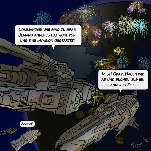 Cartoon: Gerade noch davon gekommen! (medium) by Fenya tagged 2015,glück,invasion,weltall,erde,aliens,neujahr,feuerwerk,silvester