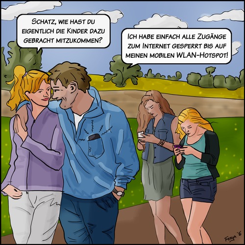Cartoon: Sonntagsspaziergang (medium) by Fenya tagged smartphone,wifi,teens,teenies,kids,kinder,spaziergang,hotspot,wlan,internet,handy,eltern,familie