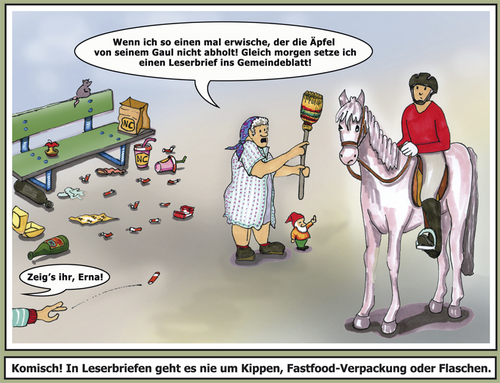 Cartoon: Aufreger (medium) by SoRei tagged vorurteile,beschimpfung,müll,pferdeäpfel,drohgebärde,kittelschürze,reiter,pferd,ausritt,besen,gartezwerg,spießer,anwohner,sitzbank,fastfood,flaschen,scherben,abfall,rotzfahnen,ratte,zigarettenkippe,aschenbecher,kondom,zustimmung,vorauseilend,meckern