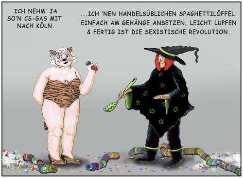 Cartoon: Sexistische Revolution (medium) by SoRei tagged karneval,spaghettilöffel,köln,jecken,weiberfastnacht,umzug,fasching,verkleidung,kostüm,maske,sexistische,revolution,neosexuelle,sexuelle,sexy,katze,böse,hexe,übergriffe,unsittliches,berühren,grapschen,gegenwehr,selbsthilfe,selbstjustiz,sexismus,cs,gas,pfefferspray,jeck,sexualdelikt,bedrängen,nötigen,alaaf,bützchen,rußiger,freitag,nelkensamstag,tulpensonntag,rosenmontag,veilchendienstag,aschermittwoch,klingeldienstag,kappessonntag,notwehr,karneval,spaghettilöffel,köln,jecken,weiberfastnacht,umzug,fasching,verkleidung,kostüm,maske,sexistische,revolution,neosexuelle,sexuelle,sexy,katze,böse,hexe,übergriffe,unsittliches,berühren