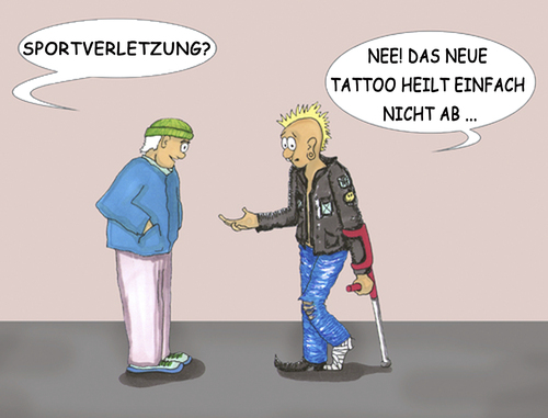 Cartoon: Tattoo (medium) by SoRei tagged fuß,verband,verletzung,krücke,tattoo,punk,punk,tattoo,krücke,verletzung,verband,fuß