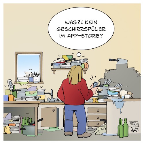 Cartoon: Abwasch-App (medium) by Timo Essner tagged küche,single,jugendliche,jugendwohnung,junggeselle,schlonz,ranzer,abwaschen,müll,dreck,schmutz,geschirr,flaschen,altglas,pfandgut,abwasch,machen,geschirrspüler,apps,appstore,smartphone,handy,cartoon,timo,essner,küche,single,jugendliche,jugendwohnung,junggeselle,schlonz,ranzer,abwaschen,müll,dreck,schmutz,geschirr,flaschen,altglas,pfandgut,abwasch,machen,geschirrspüler,apps,appstore,smartphone,handy,cartoon,timo,essner