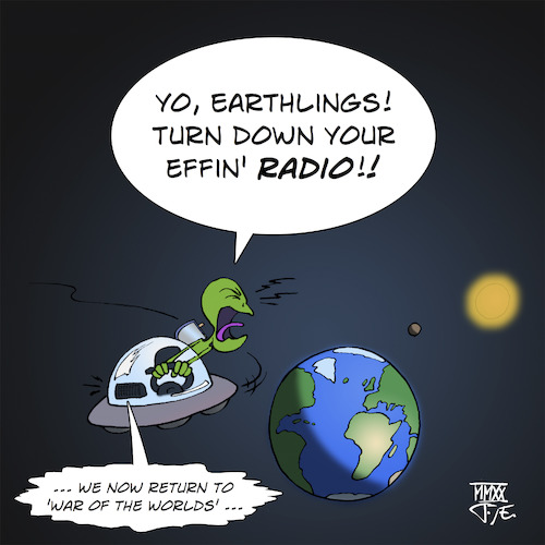 Cartoon: Alien Radio (medium) by Timo Essner tagged aliens,alien,ufo,sighting,pentagon,nasa,radio,waves,space,earth,cartoon,timo,essner,aliens,alien,ufo,sighting,pentagon,nasa,radio,waves,space,earth,cartoon,timo,essner