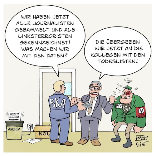 Cartoon: BKA Journalisten Todesliste (medium) by Timo Essner tagged g20,hamburg,journalisten,journalismus,polizei,terrorliste,linksextremismus,linksunten,rechtsextremismus,mecklenburg,vorpommern,todesliste,afd,politiker,polizist,cartoon,timo,essner,g20,hamburg,journalisten,journalismus,polizei,terrorliste,linksextremismus,linksunten,rechtsextremismus,mecklenburg,vorpommern,todesliste,afd,politiker,polizist,cartoon,timo,essner