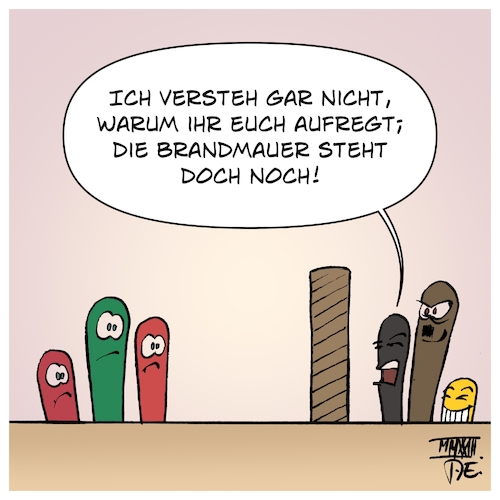 Cartoon: Brandmauer (medium) by Timo Essner tagged cdu,brandmauer,gegen,rechts,rechtsextremismus,afd,fdp,thüringen,rechter,terror,rechte,gewalt,maaßen,merz,rechtsruck,politik,deutschland,lobbyismus,werteunion,overton,fenster,debattenverschiebung,aufmerksamkeitsökonomie,cartoon,timo,essner,cdu,brandmauer,gegen,rechts,rechtsextremismus,afd,fdp,thüringen,rechter,terror,rechte,gewalt,maaßen,merz,rechtsruck,politik,deutschland,lobbyismus,werteunion,overton,fenster,debattenverschiebung,aufmerksamkeitsökonomie,cartoon,timo,essner