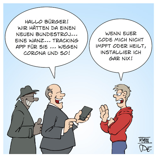 Cartoon: Corona-App (medium) by Timo Essner tagged corona,app,covid19,virus,pandemie,coronaapp,rki,hhi,bsi,bundeswehr,trackingdaten,bewegungsdaten,cartoon,timo,essner,corona,app,covid19,virus,pandemie,coronaapp,rki,hhi,bsi,bundeswehr,trackingdaten,bewegungsdaten,cartoon,timo,essner