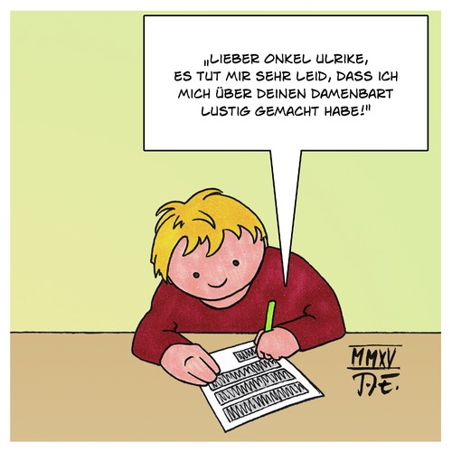 Cartoon: Damenbart (medium) by Timo Essner tagged onkel,tante,kind,brief,schreiben,transsexuell,bart,frau,schuldgefühle,kinder,onkel,tante,kind,brief,schreiben,transsexuell,bart,frau,schuldgefühle,kinder,gender,kindheit