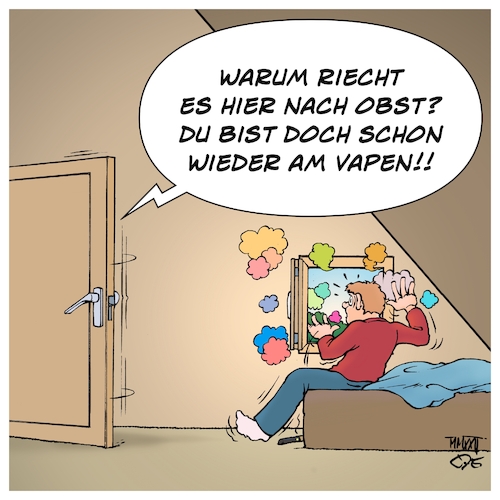 Cartoon: Dampfen (medium) by Timo Essner tagged dampfen,dampfer,vaping,vaper,vapen,obst,duft,aromen,aroma,nikotin,rauchen,raucher,entwöhnung,gesundheit,cartoon,timo,essner,dampfen,dampfer,vaping,vaper,vapen,obst,duft,aromen,aroma,nikotin,rauchen,raucher,entwöhnung,gesundheit,cartoon,timo,essner