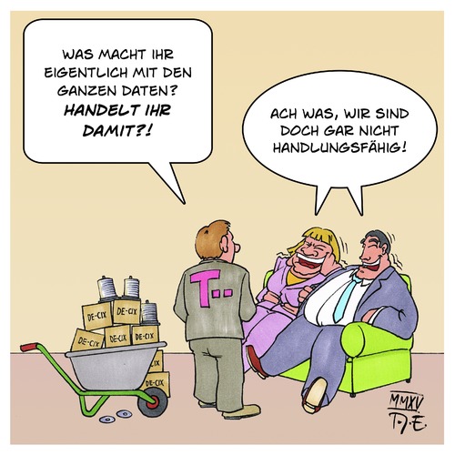 Cartoon: Datenhandel (medium) by Timo Essner tagged bnd,nsa,bundesregierung,angela,merkel,sigmar,gabriel,thomas,de,maiziere,eikonal,cix,spionage,abhörmaßnahmen,lauschangriff,kundendaten,telekommunikation,bnd,nsa,bundesregierung,angela,merkel,sigmar,gabriel,thomas,de,maiziere,eikonal,cix,spionage,abhörmaßnahmen,lauschangriff,kundendaten,telekommunikation