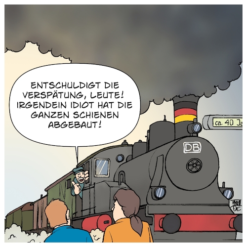 Cartoon: Deutschlandtakt (medium) by Timo Essner tagged deutschlandtakt,bahn,2070,verschoben,40,jahre,verspätung,deutsche,schienen,privatisierung,abbau,infrastruktur,sparkurs,börsengang,aktiengesellschaft,öpnv,bahnverkehr,verkehrswende,energiewende,klimakrise,fridaysforfuture,extinctionrebellion,klimastreiks,cartoon,timo,essner,deutschlandtakt,bahn,2070,verschoben,40,jahre,verspätung,deutsche,schienen,privatisierung,abbau,infrastruktur,sparkurs,börsengang,aktiengesellschaft,öpnv,bahnverkehr,verkehrswende,energiewende,klimakrise,fridaysforfuture,extinctionrebellion,klimastreiks,cartoon,timo,essner