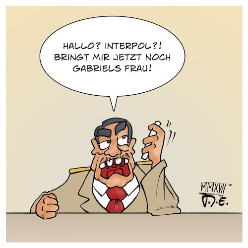 Cartoon: Ein neuer Fall für Interpol (medium) by Timo Essner tagged sigmar,gabriel,recep,tayyip,erdogan,deutschland,türkei,akhanli,kritiker,gefängnis,spanien,interpol,politiker,familie,ehefrauen,grenzen,streit,streitkultur,ehre,cartoon,timo,essner,sigmar,gabriel,recep,tayyip,erdogan,deutschland,türkei,akhanli,kritiker,gefängnis,spanien,interpol,politiker,familie,ehefrauen,grenzen,streit,streitkultur,ehre,cartoon,timo,essner