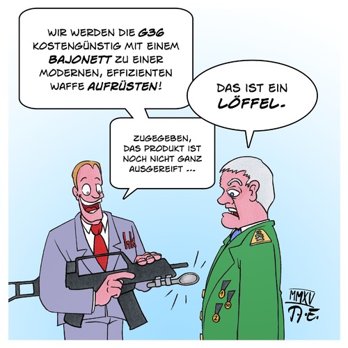 Cartoon: G36 mit Bajonett (medium) by Timo Essner tagged bundeswehr,heckler,und,koch,g36,bajonett,karikatur,waffen,waffenexporte,rüstung,kostenexplosion,versagen,politiker,verteidigungsminister,verteidigungsministerin,innenminister,drohne,milität,aufrüstung,upgrade,aufrüsten,soldaten,waffe,bundeswehr,heckler,und,koch,g36,bajonett,karikatur,waffen,waffenexporte,rüstung,kostenexplosion,versagen,politiker,verteidigungsminister,verteidigungsministerin,innenminister,drohne,milität,aufrüstung,upgrade,aufrüsten,soldaten,waffe