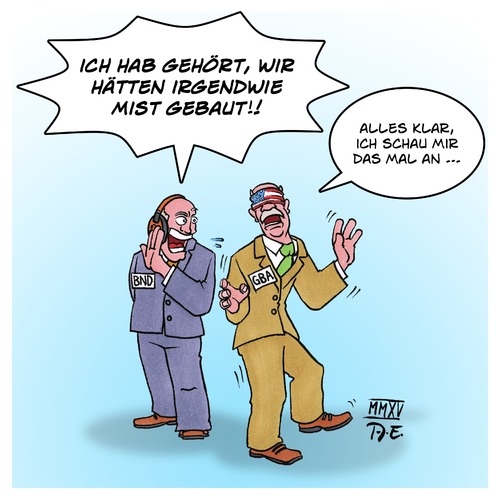 Cartoon: GBA ermittelt in der BND-Affäre (medium) by Timo Essner tagged gb,generaöbundesanwalt,bnd,nsa,spionage,deutschland,usa,frankreich,datenschutz,bürgerrechte,geheimnisverrat,betriebsspionage,wirtschaftsspionage,industriespionage,abschnorcheln,daten,patente,neuentwicklungen,harald,range,gerhard,schindler,spd,cdu,untersuchungsausschuss,taub,blind,gb,generaöbundesanwalt,bnd,nsa,spionage,deutschland,usa,frankreich,datenschutz,bürgerrechte,geheimnisverrat,betriebsspionage,wirtschaftsspionage,industriespionage,abschnorcheln,daten,patente,neuentwicklungen,harald,range,gerhard,schindler,spd,cdu,untersuchungsausschuss,taub,blind