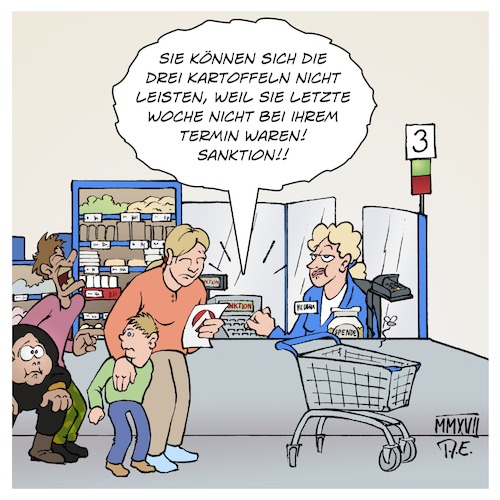 Cartoon: HartzIV im Supermarkt (medium) by Timo Essner tagged hartziv,hartz4,agenda2010,sozialhilfe,sanktion,darlehen,supermarkt,kasse,aldi,lidl,edeka,plus,netto,öffentlichkeit,geld,kurzfristig,cartoon,timo,essner,hartziv,hartz4,agenda2010,sozialhilfe,sanktion,darlehen,supermarkt,kasse,aldi,lidl,edeka,plus,netto,öffentlichkeit,geld,kurzfristig,cartoon,timo,essner