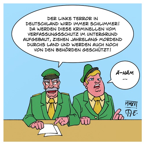 Cartoon: Linker Terror (medium) by Timo Essner tagged linker,terror,rechter,terrorismus,extremismus,polizei,deutschland,ermittlungsbehörden,cartoon,timo,essner,linker,terror,rechter,terrorismus,extremismus,polizei,deutschland,ermittlungsbehörden,cartoon,timo,essner