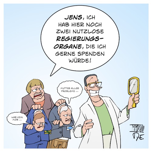 Cartoon: Organspende Seehofer Kretschmer (medium) by Timo Essner tagged chemnitz,demo,demonstration,nazis,pegida,afd,c2608,c2708,c3008,c0109,mob,hetzjagd,michael,kretschmer,horst,seehofer,innenminister,verfassungsschutz,rechter,terror,nsu,gewalt,kriminalität,jens,spahn,organspenden,gesundheitsminister,angela,merkel,bundeskanzlerin,cartoon,timo,essner,chemnitz,demo,demonstration,nazis,pegida,afd,c2608,c2708,c3008,c0109,mob,hetzjagd,michael,kretschmer,horst,seehofer,innenminister,verfassungsschutz,rechter,terror,nsu,gewalt,kriminalität,jens,spahn,organspenden,gesundheitsminister,angela,merkel,bundeskanzlerin,cartoon,timo,essner