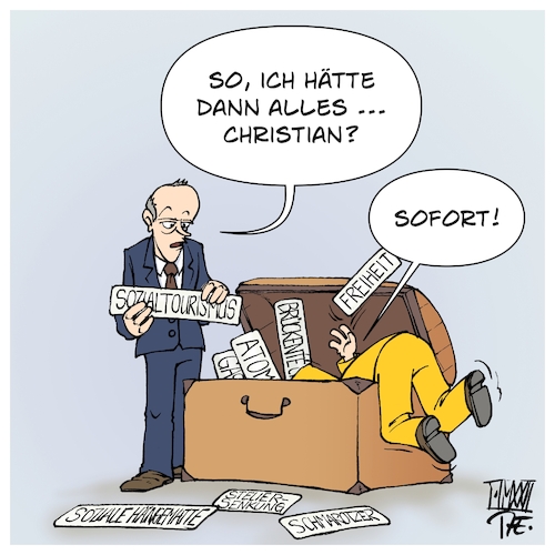 Cartoon: Politische Mottenkiste (medium) by Timo Essner tagged friedrich,merz,cdu,christian,lindner,fdp,vorsitzender,finanzminister,bundesfinanzminister,politische,populistische,mottenkiste,populismus,alte,pointen,aufgewärmt,feindbild,sozialer,abwärtsvergleich,cartoon,timo,essner,friedrich,merz,cdu,christian,lindner,fdp,vorsitzender,finanzminister,bundesfinanzminister,politische,populistische,mottenkiste,populismus,alte,pointen,aufgewärmt,feindbild,sozialer,abwärtsvergleich,cartoon,timo,essner