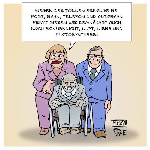 Cartoon: Privatisierung (medium) by Timo Essner tagged angela,merkel,cdu,alexander,dobrindt,verkehrsminister,wolfgang,schäuble,finanzminister,finanzen,wirtschaft,post,bahn,telefon,wasser,autobahn,maut,luft,liebe,photosynthese,privatisierung,cartoon,timo,essner,angela,merkel,cdu,alexander,dobrindt,verkehrsminister,wolfgang,schäuble,finanzminister,finanzen,wirtschaft,post,bahn,telefon,wasser,autobahn,maut,luft,liebe,photosynthese,privatisierung,cartoon,timo,essner