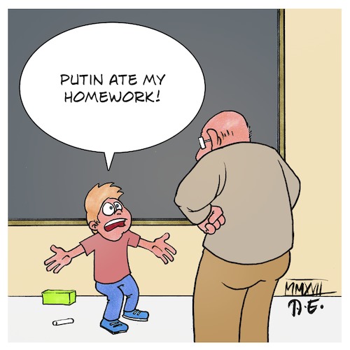 Cartoon: Putin Homework (medium) by Timo Essner tagged russia,usa,america,propaganda,elections,us,media,school,homework,dog,cartoon,timo,essner,russia,usa,america,propaganda,elections,us,media,school,homework,dog,cartoon,timo,essner