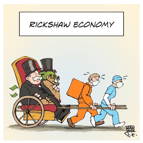 Cartoon: Rickshaw Economy (medium) by Timo Essner tagged covid19,corona,wirtschaft,economy,niedriglöhne,billiglöhner,low,wage,jobs,rickshaw,lieferservice,delivery,service,pflegeberufe,social,care,cartoon,timo,essner,covid19,corona,wirtschaft,economy,niedriglöhne,billiglöhner,low,wage,jobs,rickshaw,lieferservice,delivery,service,pflegeberufe,social,care,cartoon,timo,essner