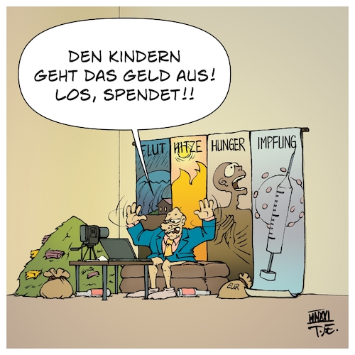 Cartoon: Spendenbetrug (medium) by Timo Essner tagged not,nothilfe,naturkatastrophen,humanitäre,hilfe,spenden,spendenbetrug,trittbrettfahrer,nächstenliebe,selbstbereichnerung,flut,hitzewellen,dürre,hungersnot,epidemien,pandemie,gefälschte,impfpässe,kinder,betrug,betrüger,cartoon,timo,essner,not,nothilfe,naturkatastrophen,humanitäre,hilfe,spenden,spendenbetrug,trittbrettfahrer,nächstenliebe,selbstbereichnerung,flut,hitzewellen,dürre,hungersnot,epidemien,pandemie,gefälschte,impfpässe,kinder,betrug,betrüger,cartoon,timo,essner